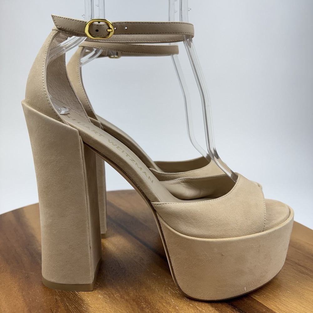 New NIB Womens Stuart Weitzman Skyhigh 145 Beige Suede Platform Sandals Size 10